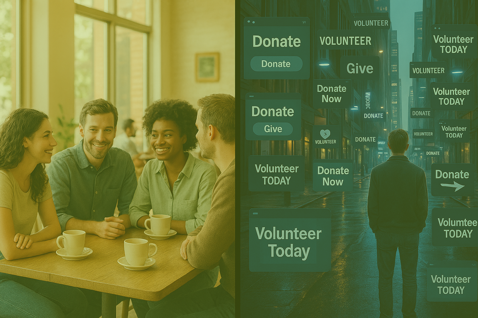 Split-screen contrasting the traditional approach of warm personal interactions to modern fragmented digital experiences, for nonprofit fundraising