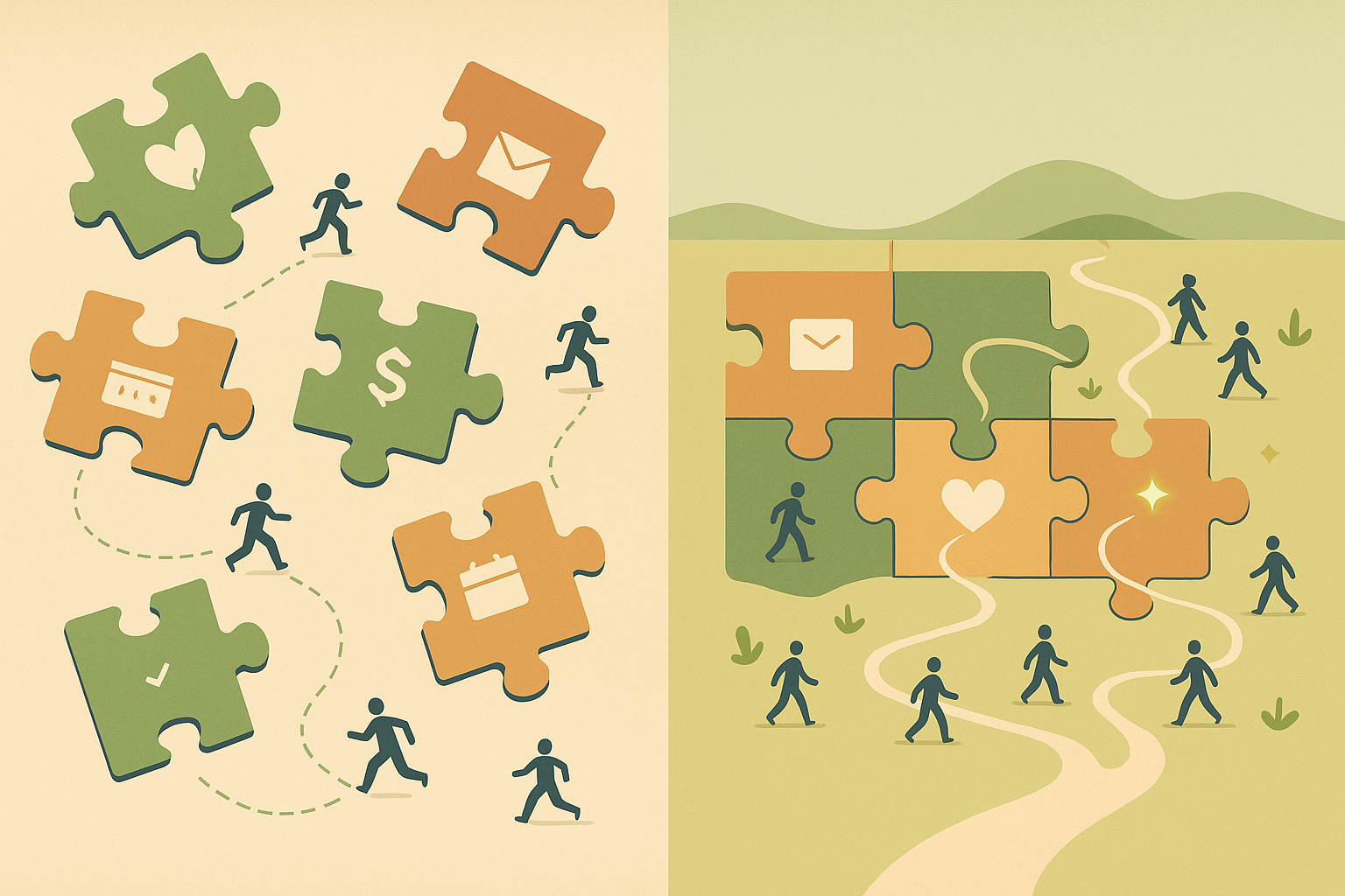 A split screen image depicting current giving ecosystem fragmentation vs. Gudsy's unified community.
